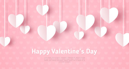 Happy Saint Valentines day card, hanging white paper cut hearts on pastel pink background. Place for text.のイラスト素材