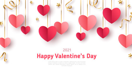 Happy Saint Valentines day card, hanging red and pink paper cut hearts with gold streamers on white background. Place for text.のイラスト素材