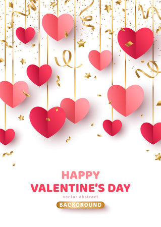 Happy Saint Valentines day card, hanging red and pink paper cut hearts with gold streamers and confetti on white background.のイラスト素材