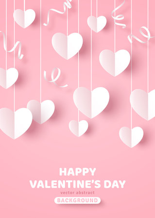 Happy Saint Valentines day card, hanging white paper cut hearts with streamers on pastel pink background. Place for text.のイラスト素材