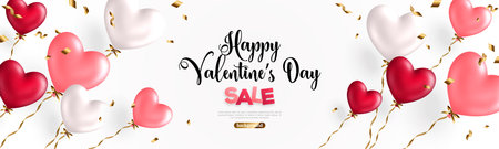Valentine day background with festive realistic heart shape balloons with golden spiral ribbons. Vector illustration. Celebration banner design with rose pink, white and red baloon, flying confettiのイラスト素材