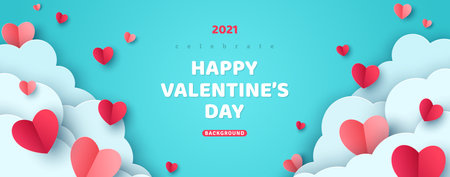 Horizontal banner with paper cut clouds and flying hearts in blue sky, papercut craft art. Place for text. Happy Valentines day sale concept, voucher typography template.のイラスト素材
