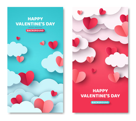 Happy Valentines Day vertical banners set with paper cut clouds and hearts. Vector illustration. Holiday brochure design, greeting cards, love creative concept, gift voucher, invitation.のイラスト素材