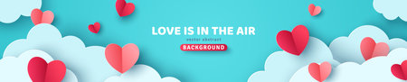 Horizontal banner with blue sky, paper cut clouds and pink hearts. Place for text. Happy Valentines day sale concept header or voucher template.のイラスト素材