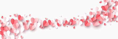 Red, pink and white flying hearts isolated on white background. Vector illustration. Paper cut...