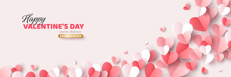 Red, pink and white flying hearts on white background. Vector illustration. Paper cut decorations for Valentines day border or frame design.のイラスト素材