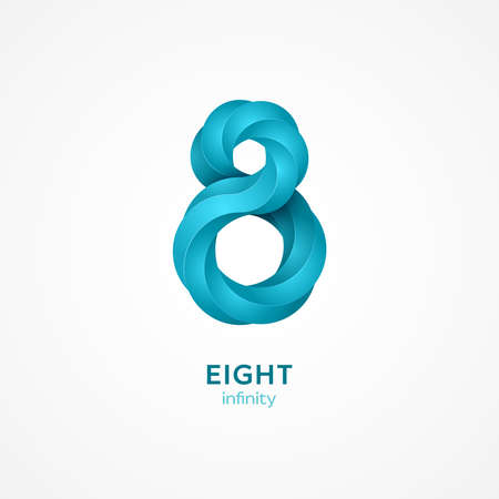 Minimalistic blue eight shape, 3d graphic style. Vector illustration. 8 geometric emblem template design isolated on white background. Simple creative number icon. Infinite mobius ribbon.のイラスト素材