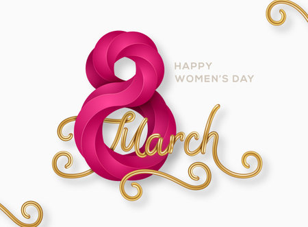 March 8 purple symbol 3d art style with glittering gold calligraphy. International Womens day poster. Vector illustration for greeting card, flyer, voucher or brochure template. Place for text.のイラスト素材