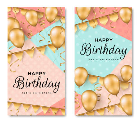 Happy Birthday background. Greeting card, poster set template, party invitation layout. Vector Illustration. Golden foil confetti, 3d realistic glitter gold balloons and buntings.のイラスト素材