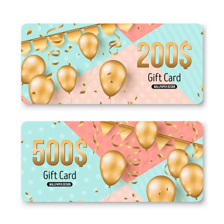 Happy Birthday gift card set template. Sale voucher layout. Vector Illustration. Golden foil confetti, 3d realistic glitter gold balloons and buntings on geometric funny backgroundのイラスト素材