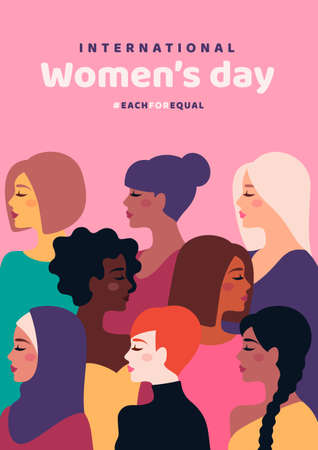 Happy International Womens Day. Vector illustration. Woman different cultures. Freedom, independence, equality struggle poster template design. Girl nationalities, faces profile various hairのイラスト素材