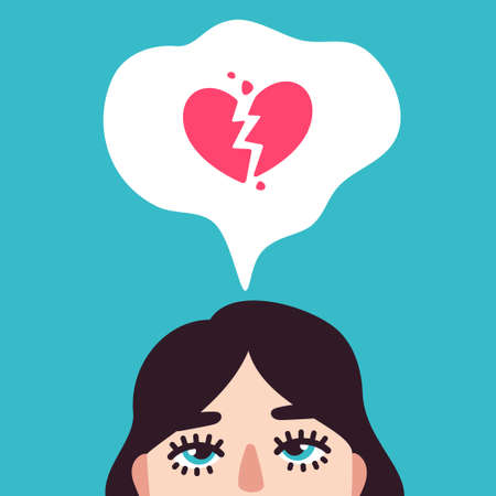 Female face portrait, broken heart feeling and depression, breakup concept. Vector illustration of Woman with love relationship problems. Frustrated or confused lonely girl. Single at Valentines dayのイラスト素材