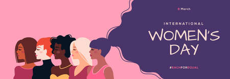 International Womens Day horizontal banner. Vector illustration. Woman of different nationalities. Struggle for freedom, equality and independence concept, 8 March. Female diverse facesのイラスト素材