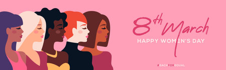 International Womens Day horizontal banner. Vector illustration. Woman of different nationalities...