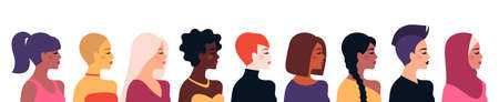 Female diverse faces, different ethnicity and hairstyle. Vector illustration, banner or poster. Woman empowerment movement. Happy International Womens day. Indian, african girls, muslim in hijabのイラスト素材