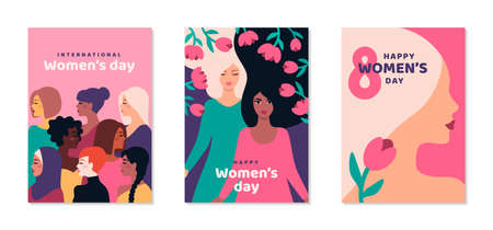 International Womens day posters set. Background with different woman face and flowers. 8 March card, flyer, invitation or brochure cover template for empowerment movement. Vector illustration.のイラスト素材
