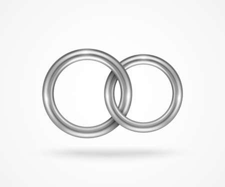 Two connected silver engagement rings isolated on white background. Vector illustration. Palladium or titanium jewelry icon for married couple, wedding symbol for save the date invitation card.のイラスト素材