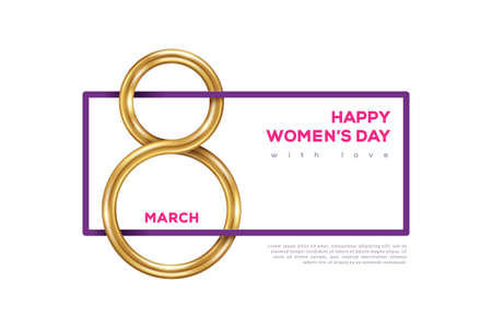 March 8 symbol with frame and place for text, glittering golden eight on white background. International Women's day poster. Vector illustration for greeting card, flyer, voucher or brochure templateのイラスト素材
