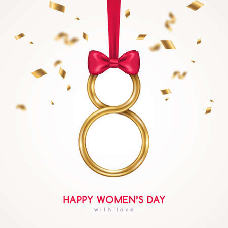 March 8 symbol, glittering golden 3d eight with red ribbon, falling confetti and bow. International...