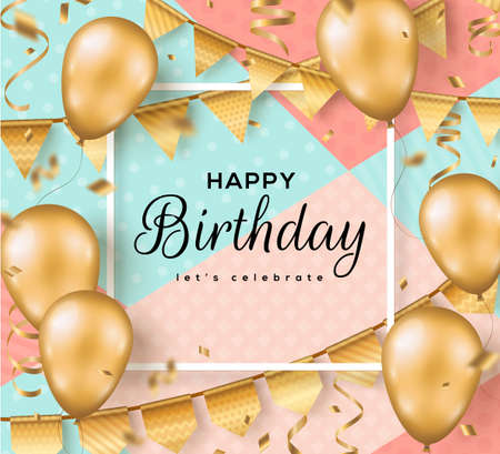 Happy Birthday background with frame. Greeting card, poster template, party invitation layout. Vector Illustration. Golden foil confetti, 3d realistic glitter gold balloons and buntings.のイラスト素材