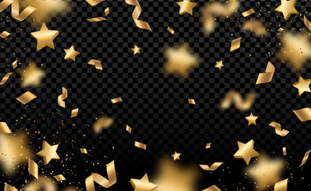 Shiny gold confetti and pieces of serpentine isolated on black background. Bright festive overlay effect with yellow tinsels. Vector illustration. Paper foil stars falling downのイラスト素材