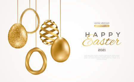 Easter card with modern trendy gold eggs set on white background. Vector illustration. Poster, holiday banner, flyer or greeting voucher, brochures design template layout. Place for text.のイラスト素材