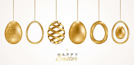 Set of realistic 3d golden Easter eggs isolated on white background. Vector illustration. Poster, holiday banner, flyer or greeting voucher, brochures design template layout. Place for text.のイラスト素材
