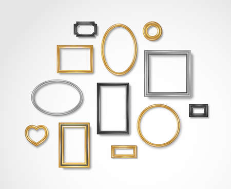 Set of vintage 3d photo frames on white wall. Vector illustration. Realistic gold, silver and black picture boxes, circle, oval and square shapes. Empty blank mockup template, home interior decorのイラスト素材