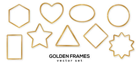 Set of golden 3d shiny glowing geometric frames with shadows isolated on white background. Vector illustration. Gold luxury realistic borders, labels, modern badges, bronze metal wire speech bubblesのイラスト素材