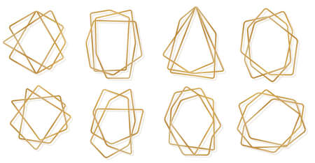 Set of golden 3d geometric polygonal frames isolated on white background. Thin line art deco label for wedding invitation. Vector illustration. Gold luxury crystal borders, brass metal wire badgesのイラスト素材