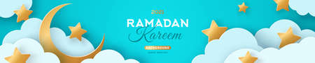 Ramadan Kareem Horizontal Sale Header or Voucher Template with Gold Moon, 3d Paper cut Clouds and Stars on Blue Sky Background. Vector illustration. Traditional Lanterns and Place for Text.のイラスト素材
