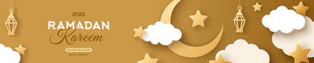 Ramadan Kareem Horizontal Sale Header or Voucher Template with Gold Moon, 3d Paper cut Clouds and Stars on Golden Sky Background. Vector illustration. Traditional Lanterns and Place for Text.のイラスト素材