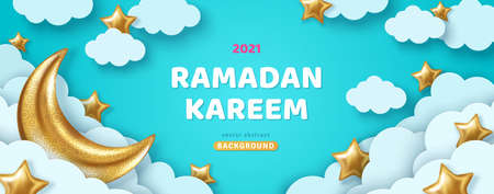 Ramadan Kareem Concept Banner or Voucher Template with 3d Gold Moon, Paper cut White Clouds and Stars on Blue Sky Background. Vector illustration for greeting card, poster and flyer. Place for Textのイラスト素材