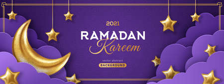 Ramadan Kareem Concept Banner or Voucher Template with 3d Gold Moon, Paper cut Clouds and Stars on Night Sky Violet Background. Vector illustration for greeting card, poster and flyer. Place for Textのイラスト素材