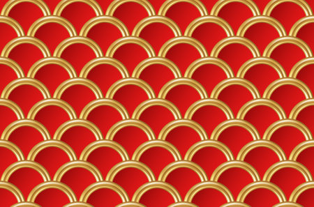 Chinese New year traditional seamless pattern. Golden geometric cloud abstract shapes on red background. Vector illustration. Asian Mid Autumn Festival oriental backdropのイラスト素材