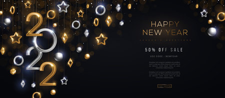 2022 silver and gold numbers with crystal baubles hanging on black background. Vector illustration. Poster card template design. Christmas and New Year tree decorations. Place for text.のイラスト素材