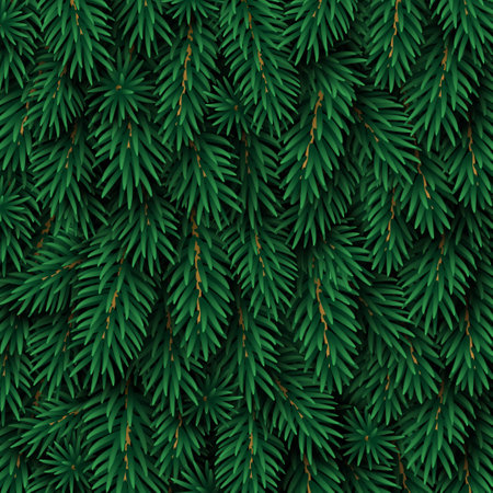 Merry Christmas and Happy New Year winter background with realistic pine tree branches. Vector illustration. Xmas fir backdrop graphic element for festive poster design.のイラスト素材
