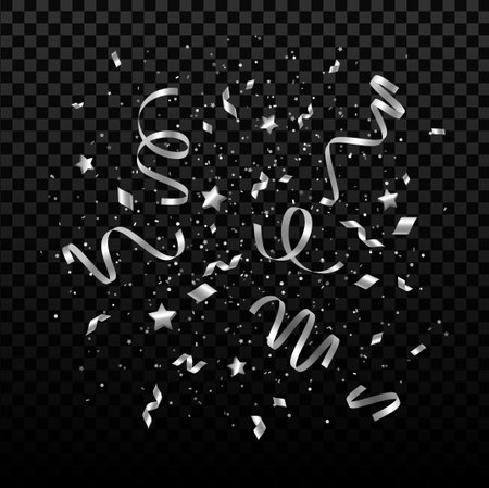 Falling shiny silver confetti, small stars and pieces of serpentine isolated on transparent background. Festive overlay effect with gray tinsels for New year night party. Vector illustration.のイラスト素材