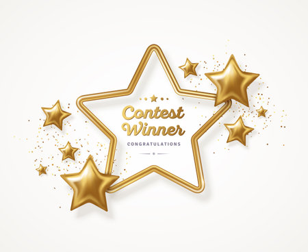 Greeting Card with Shining Gold Star Frame and Confetti on White Background. Vector illustration. Happy New Year 2022, Merry Christmas. Winner Certificate Emblem Template, Trophy icon badgeのイラスト素材