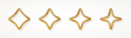 Set of realistic golden 3d four point stars isolated on white background. Vector illustration. 4 ray icon frame for Happy New Year 2022, Merry Christmas badge design.のイラスト素材