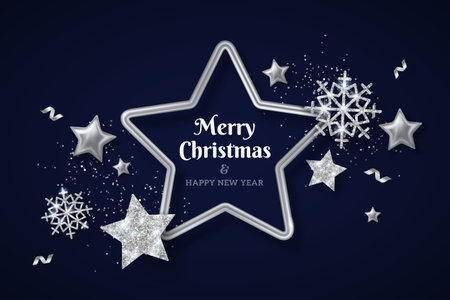 Greeting Card with Glitter Silver Star Frame, Shiny Snowflake and Confetti on Blue Background. Vector illustration. Happy New Year 2022, Merry Christmas, Season Greetings. Glowing Invitation Templateのイラスト素材