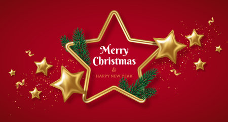 Greeting Card with Shining Gold Star Frame, Pine Tree Branch and Confetti on Red Background. Vector illustration. Happy New Year 2022, Merry Christmas, Seasons Greetings. Glowing Invitation Templateのイラスト素材