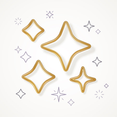 Set of realistic golden 3d and line flat four point stars isolated on white background. Vector illustration. 4 ray icon emblem for Happy New Year 2022, Merry Christmas badge design.のイラスト素材