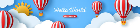 Horizontal banner with blue sky and paper cut clouds. Place for text. Happy summer day sale header or voucher template with sun and hot air balloons.のイラスト素材