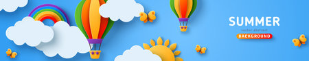 Beautiful fluffy clouds on blue sky background with summer sun, butterfly, hot air balloons and rainbow. Vector illustration. Paper cut style web header. Place for textのイラスト素材