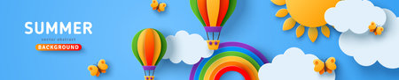 Beautiful summer scenery, fluffy clouds on blue sky background with sun, butterfly, hot air balloons and rainbow. Vector illustration. Paper cut style banner, poster or header. Place for textのイラスト素材