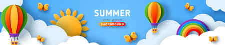 Beautiful summer scenery, fluffy clouds on blue sky background with sun, butterfly, hot air balloons and rainbow. Vector illustration. Paper cut style banner or header. Place for textのイラスト素材