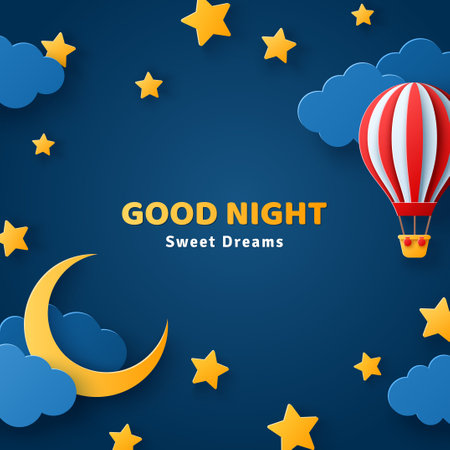Fluffy clouds on dark sky background with gold moon crescent, stars and red hot air balloon. Vector illustration. Paper cut style. Place for text. Good night baby banner, poster or card conceptのイラスト素材