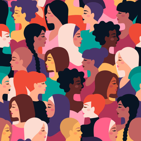 Different nationality, ethnicity and hairstyle girls seamless pattern. Vector illustration. International Womens Day, Happy Mothers day colorful background. Cute ladies faces, female charactersのイラスト素材
