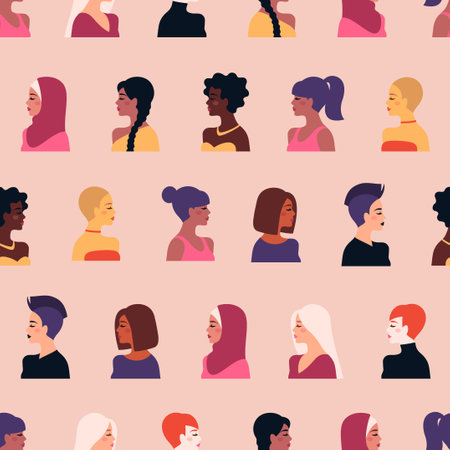 Different nationality, ethnicity and hairstyle girls seamless pattern. Vector illustration. International Womens Day, Happy Mothers day colorful background. Cute flat lady faces, female charactersのイラスト素材